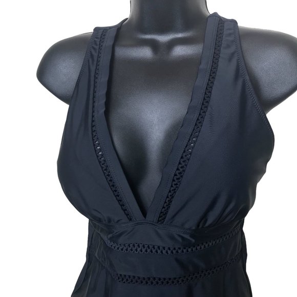 Tempt Me Black One Piece Swimsuit Sleeveless V Neck Peekaboo Panels Size Medium - Picture 4 of 6